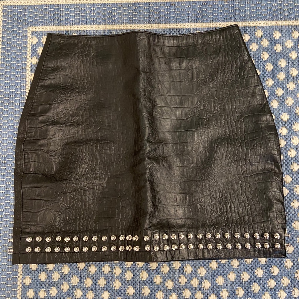 Genuine Leather Crocodile Skirt with Stud Detail